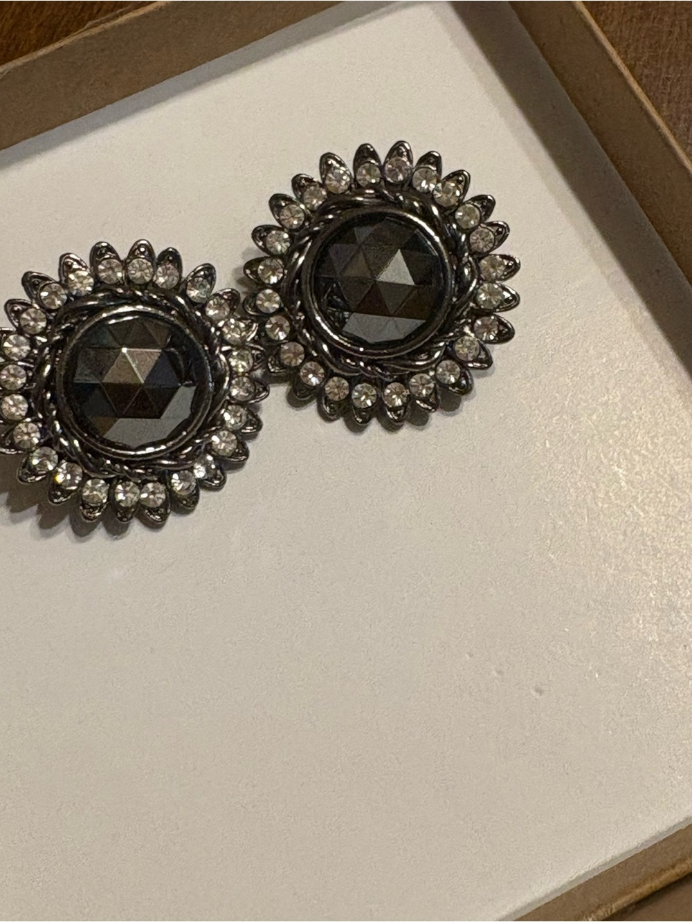 Hematite-Tone Crystal Halo Floral Clip Earrings